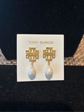Tory Burch Gold Logo Drop Earrings with White Pearls